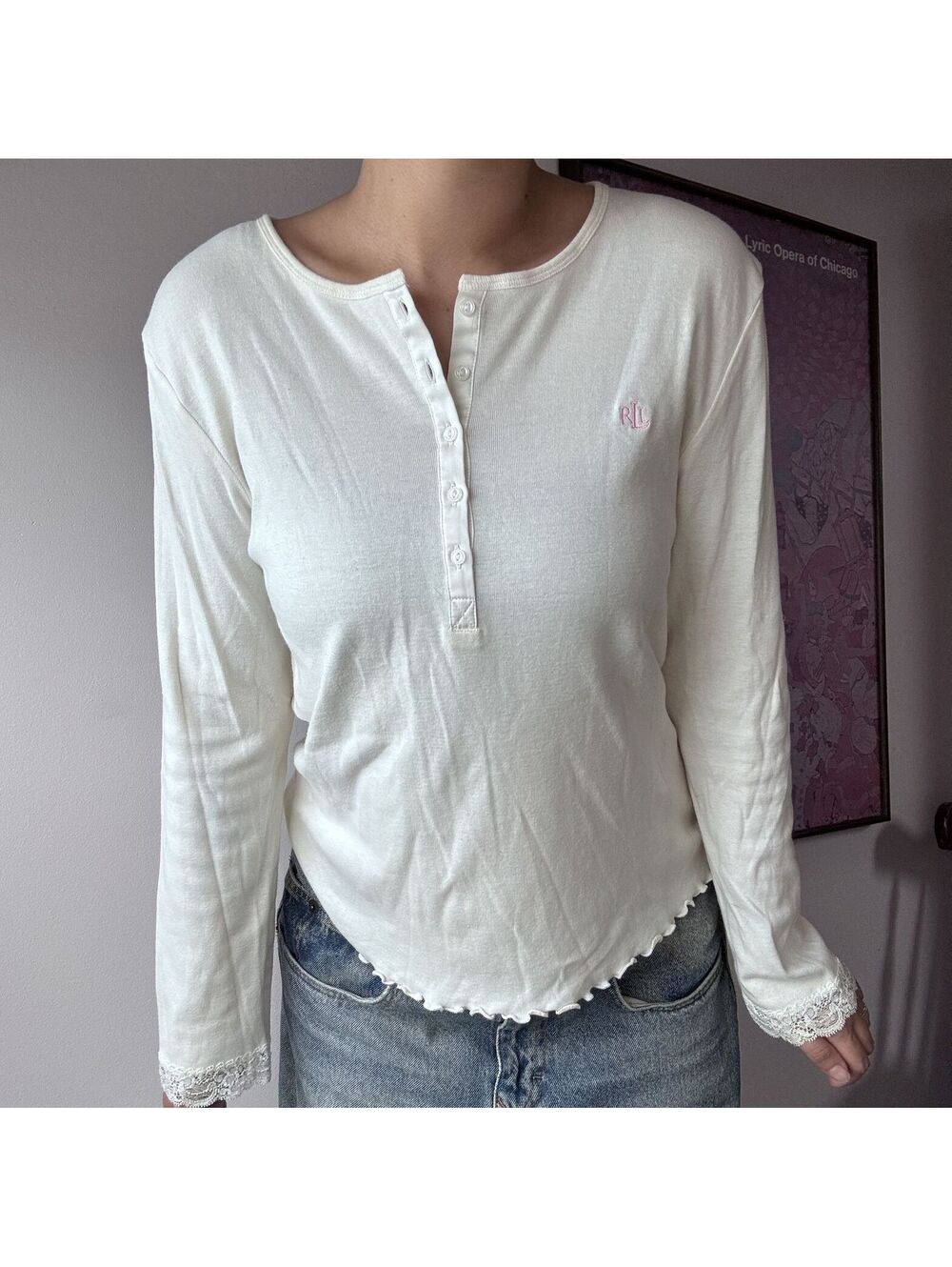 Lauren Ralph Lauren White Long Sleeve Henley Top with Lace Cuffs, Size M